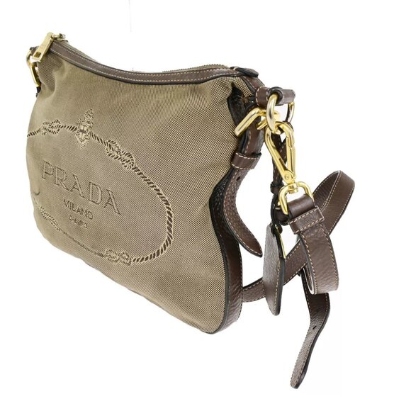 PRADA Logo Crossbody Shoulder Bag Jacquard Leather Brown GHW 60YF090 - Picture 3 of 16